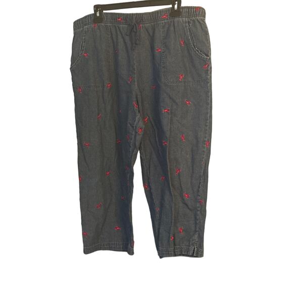 Denim Lobster Embroidered Capri Pants Womans L Elastic Tie Waist Nautical Beachy - Picture 1 of 11
